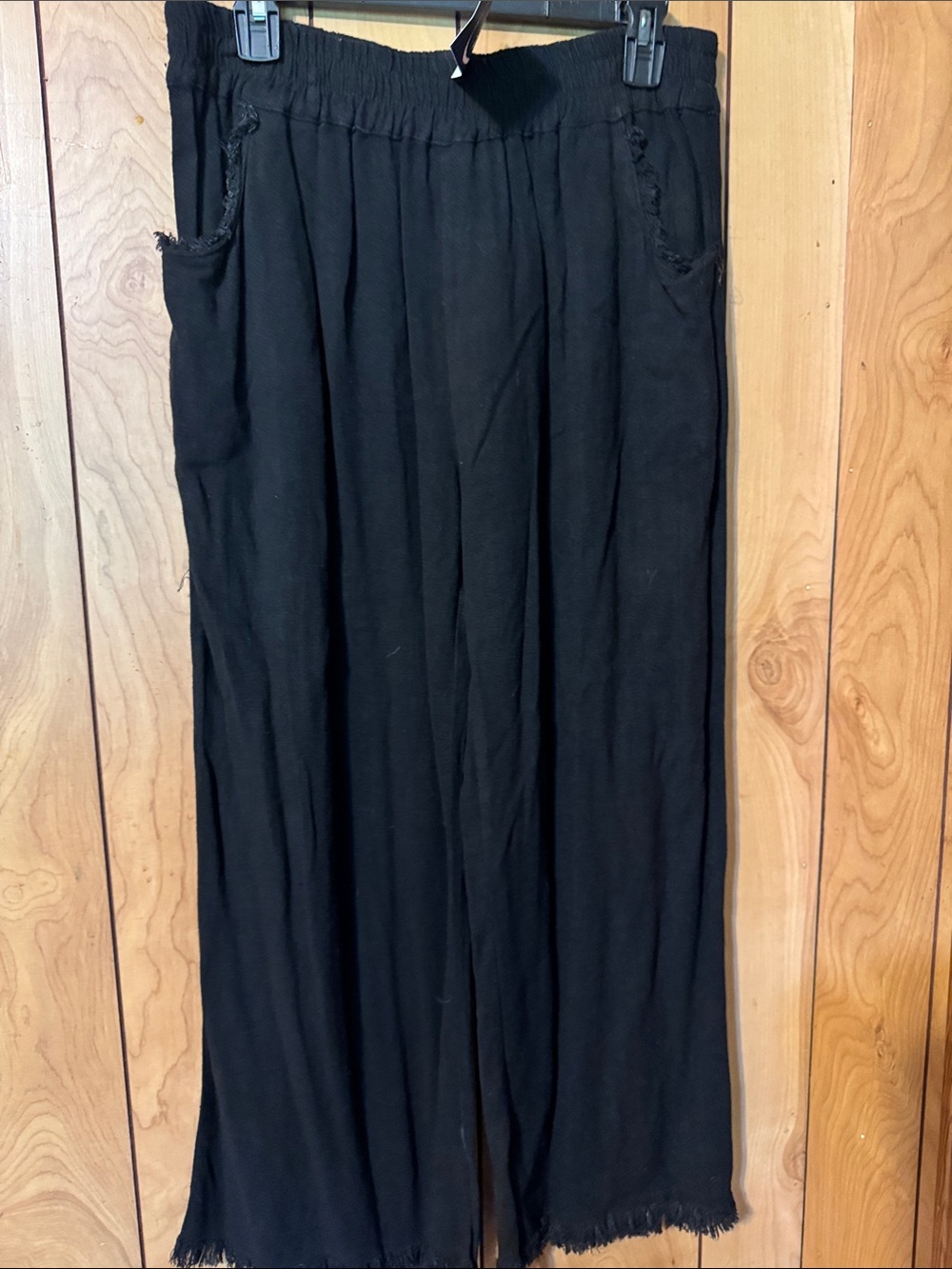 Umgee Black Wide-Leg Pull-On Pants with Frayed Hem